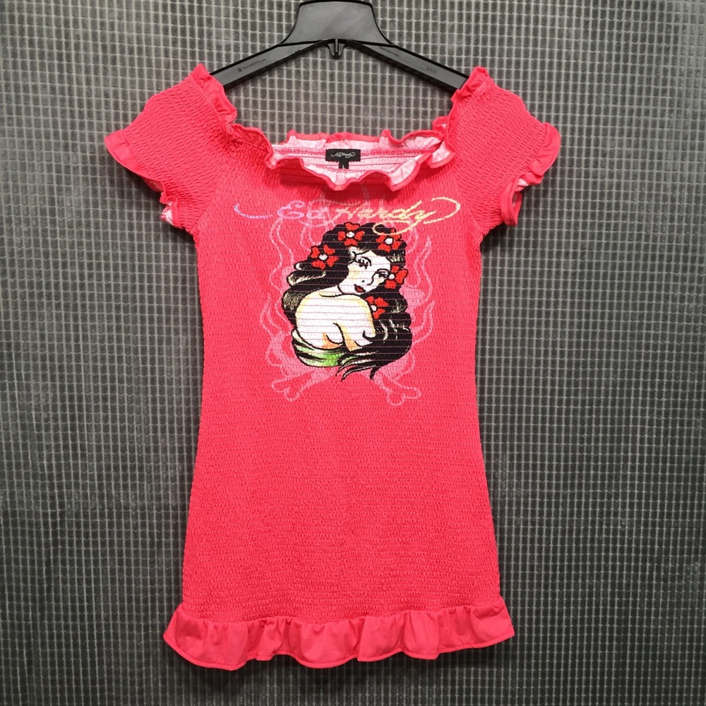 Ed Hardy Womens Smocked Top Geisha Tattoo Graphic L Pink